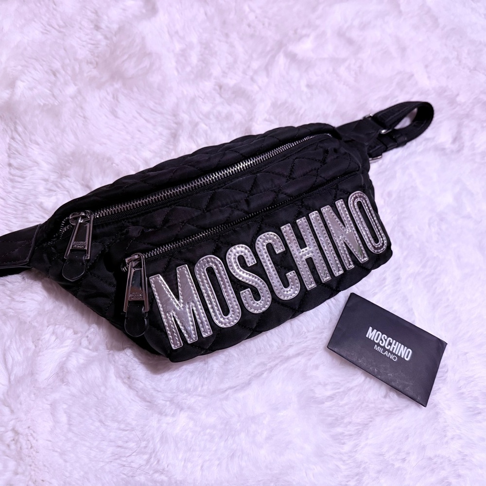 Moschino Black Quilted Belt Bag with Silver Logo